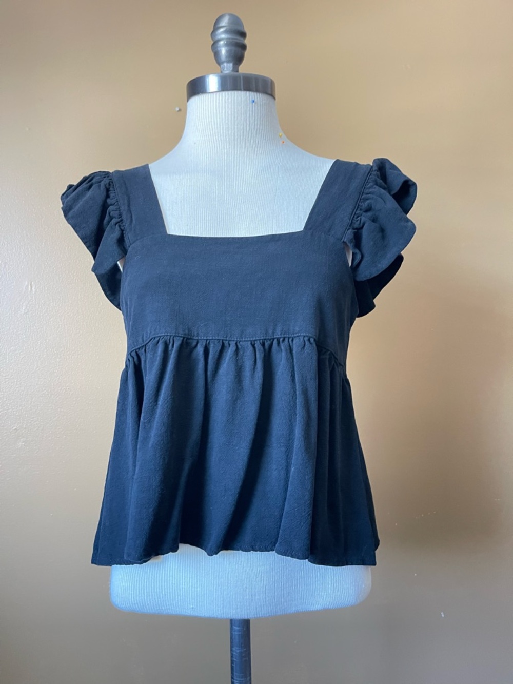 Natural Fiber Linen/Cotton Black Babydoll Top with Ruffles